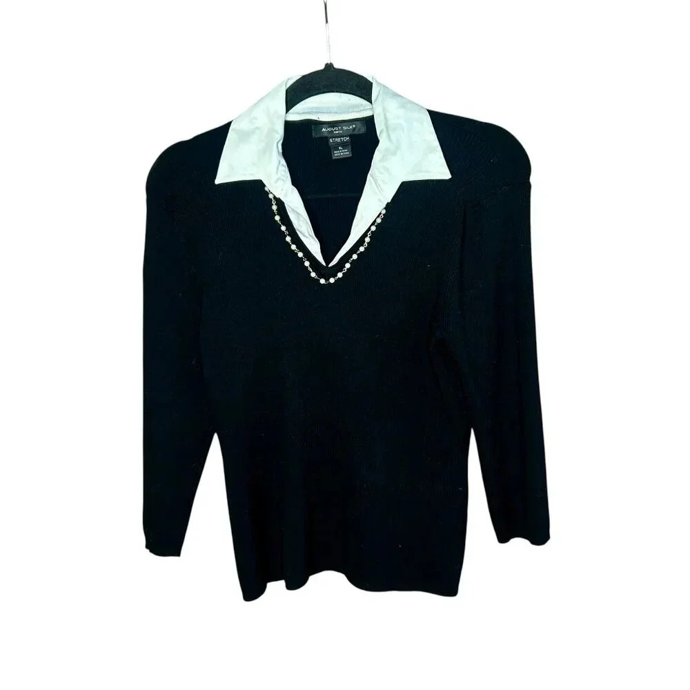 August Silk Black Silk Blend Collared Faux Pearl Beaded Accents V Neck Sweater